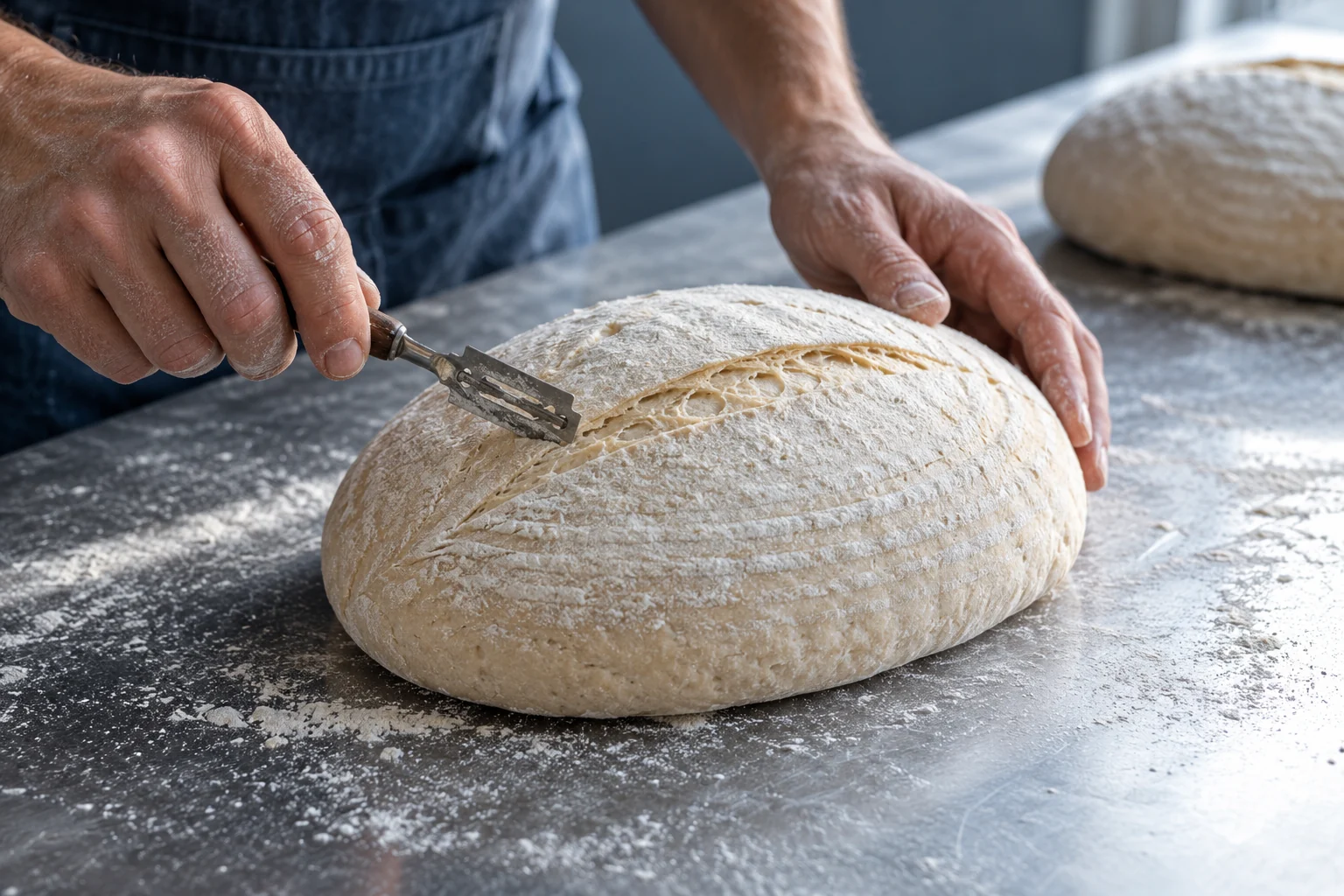 Preparazione di pane artigianale su un banco di lavoro