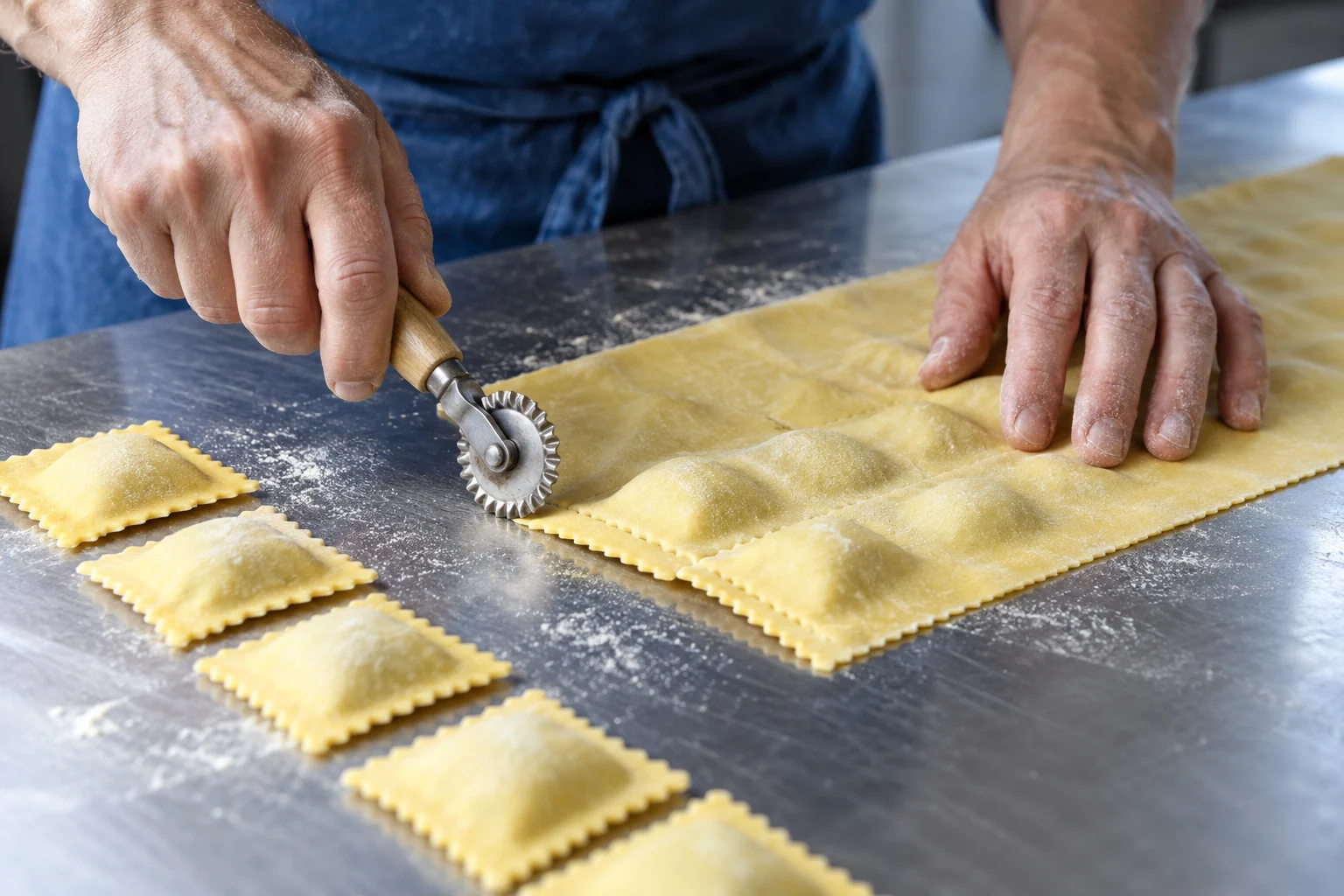 Preparazione di pasta ripiena su un banco di laboratorio